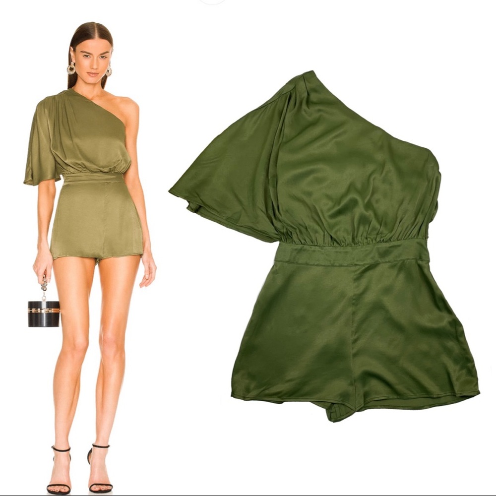 NWT NEW Michael Costello x Revolve Selene One Shoulder Romper Olive Green Medium